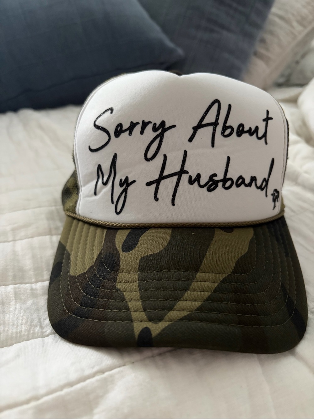 "Sorry About My Husband" White & Camouflage Trucker Hat
